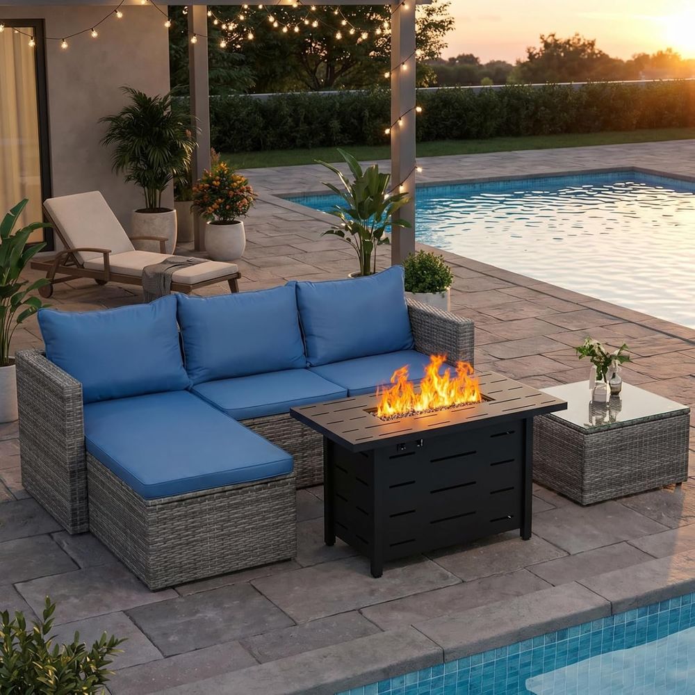 Outdoor Furniture Set With Fire Pit - 4-Piece Outdoor Wicker Patio Furniture Set