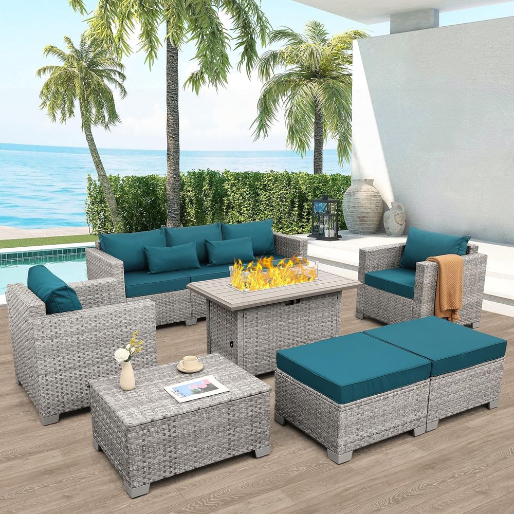 Outdoor Furniture Set With Fire Pit - 6-Piece Grey Wicker Outdoor Patio Furniture