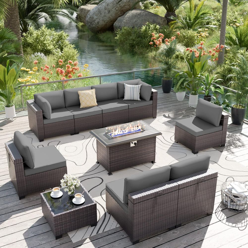 Outdoor Furniture Set With Fire Pit - 10-Piece Outdoor Patio Furniture Set with