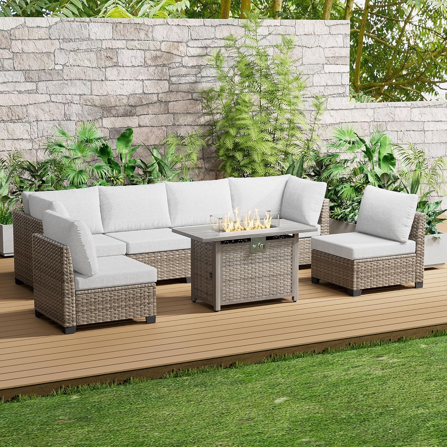Outdoor Furniture Set With Fire Pit - 7 Piece Outdoor Sectional Sofa Set