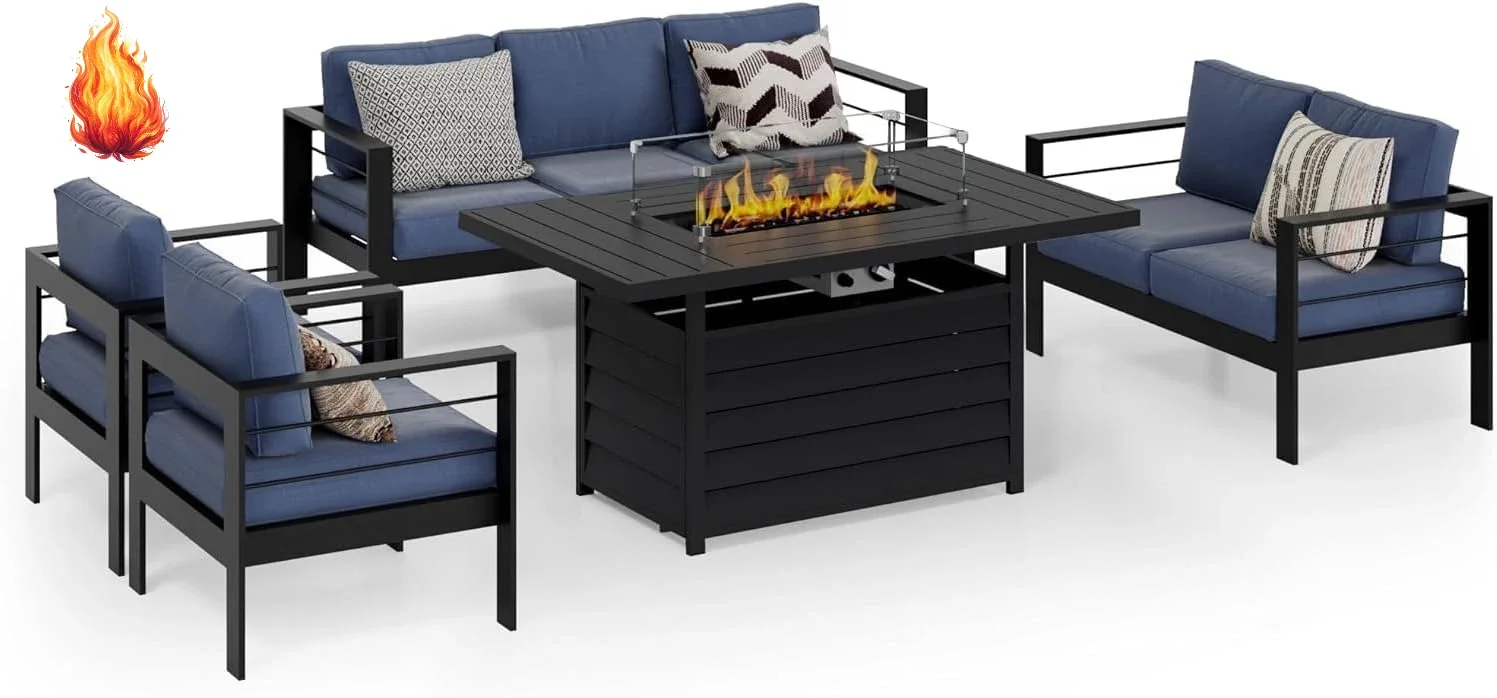 Outdoor Furniture Set With Fire Pit - Aluminum Patio Furniture Set, 7 Seats