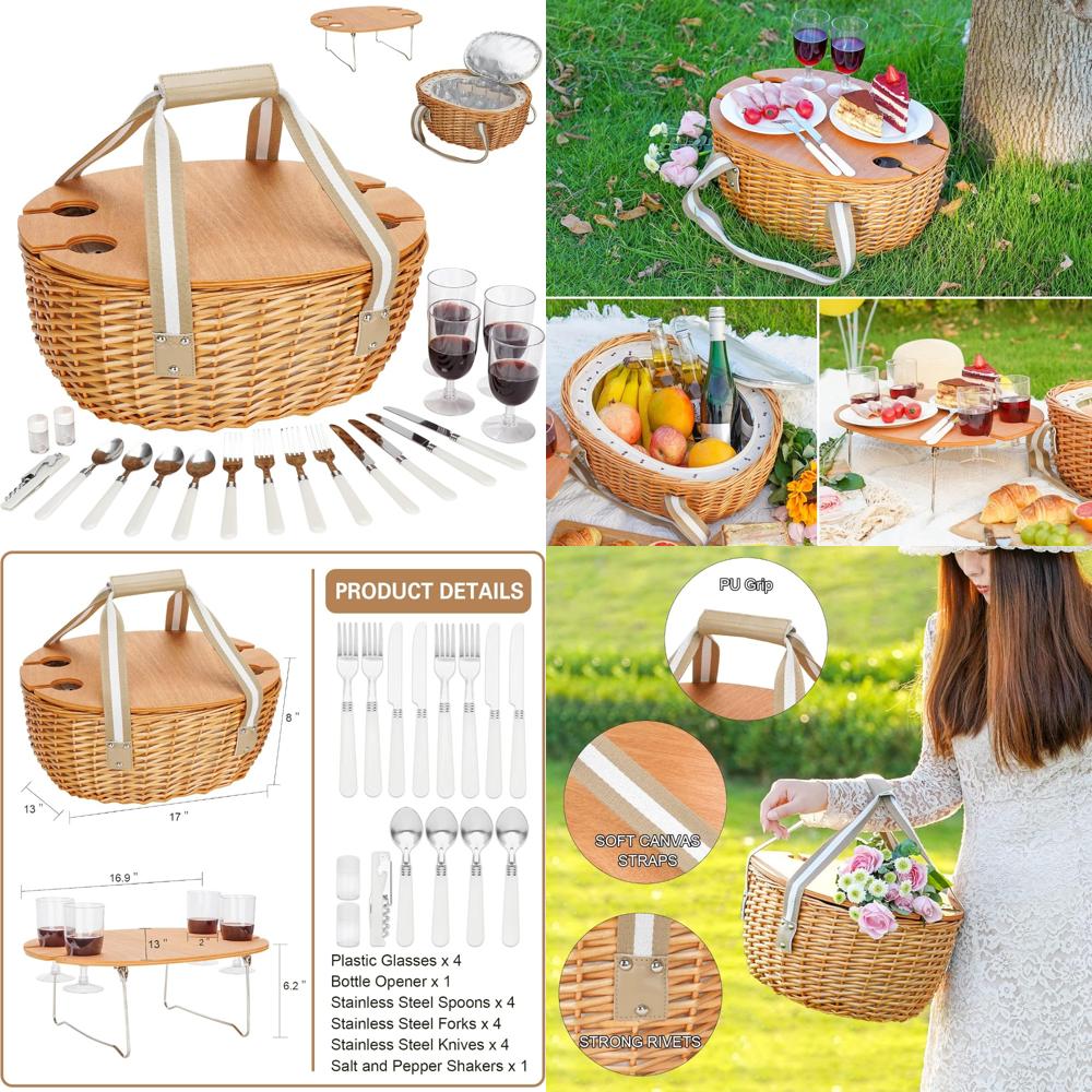 Folding Picnic Table - stboo picnic basket for 4, insulated