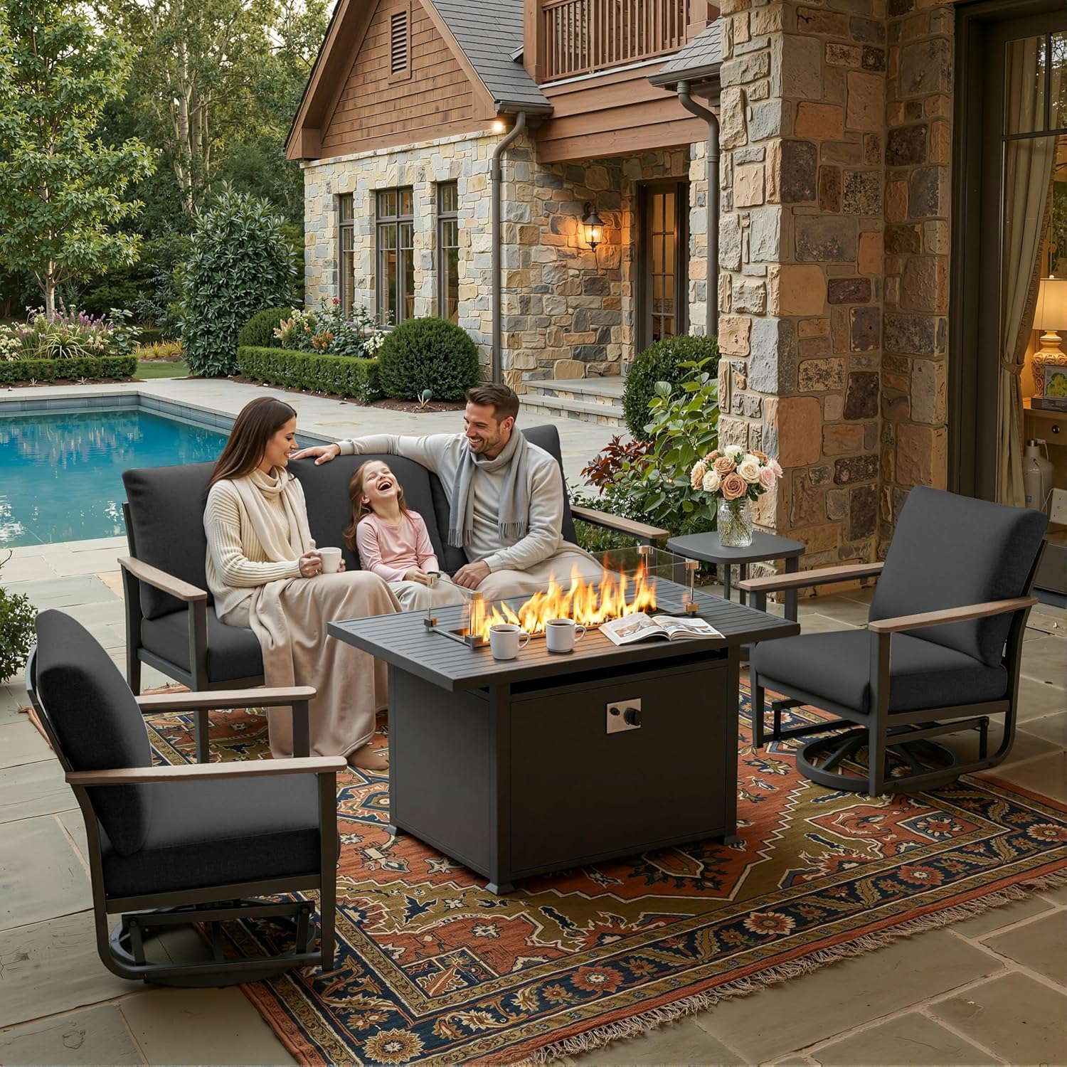 5pc Aluminum Patio Set Swivel  - مراجعة Outdoor Furniture Set With Fire Pit وسعره